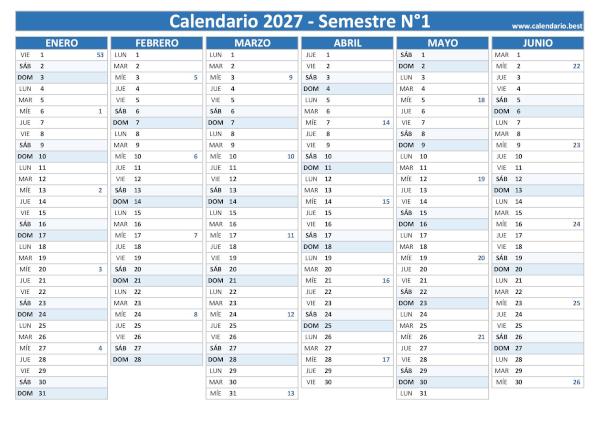Calendario primer semestre 2027 para imprimir, diseño con números de semana (PDF y JPG)