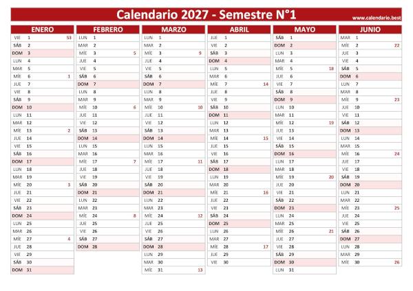 Calendario de enero a junio de 2027 con números de semana ISO, diseño rojo, A4 horizontal