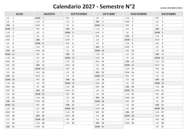 Calendario del segundo semestre de 2027 en blanco y negro, sin números de semana, A4 horizontal