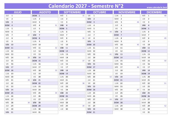 Calendario de julio a diciembre de 2027 con números de semana ISO, diseño morado, A4 horizontal