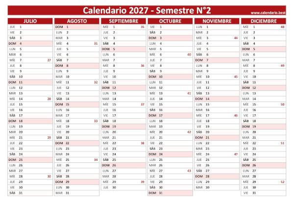 Calendario de julio a diciembre de 2027 con números de semana ISO, diseño rojo, A4 horizontal