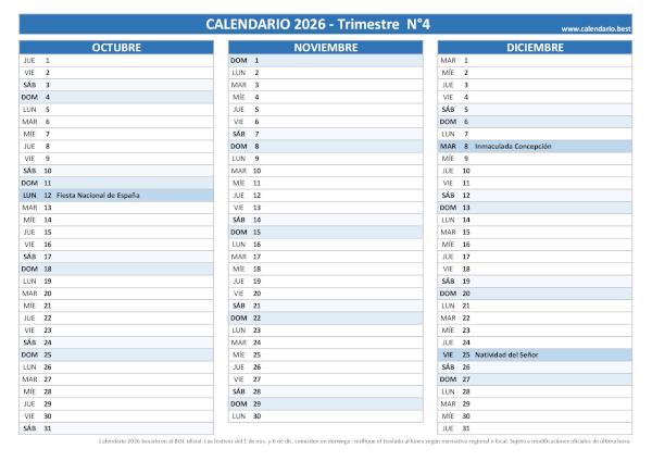 Calendario laboral del cuarto trimestre de 2026, diseño azul para empresas