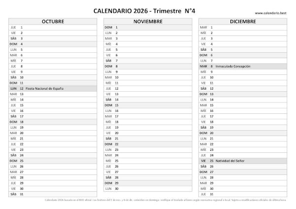 Calendario laboral del cuarto trimestre de 2026, diseño en blanco y negro con festivos