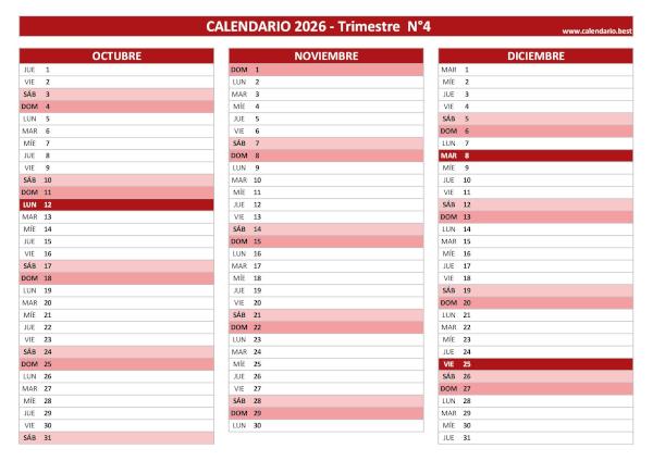 Calendario del cuarto trimestre de 2026 en blanco, diseño rojo para imprimir en A4