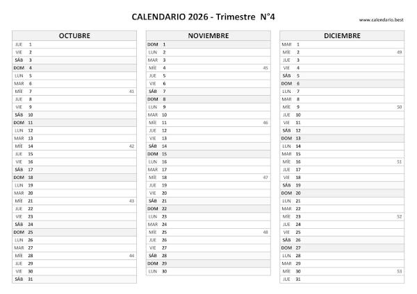 Calendario del cuarto trimestre de 2026 con semanas, diseño en blanco y negro para imprimir