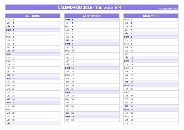 Calendario del cuarto trimestre de 2026 en blanco, diseño morado para imprimir en A4