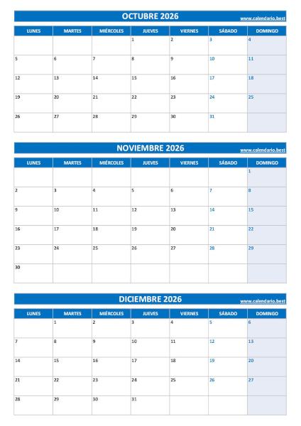 Calendario del cuarto trimestre de 2026