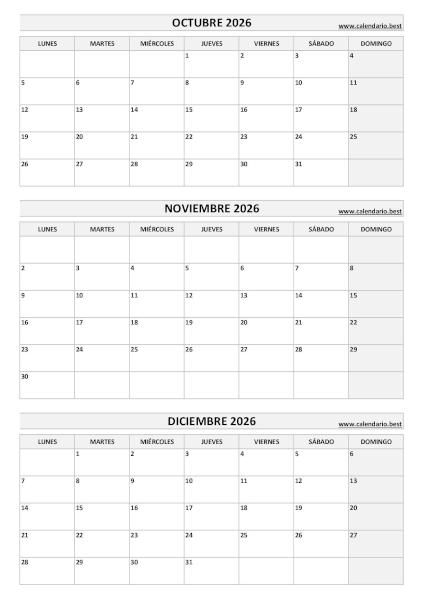 Calendario del cuarto trimestre de 2026 en blanco y negro con octubre, noviembre y diciembre