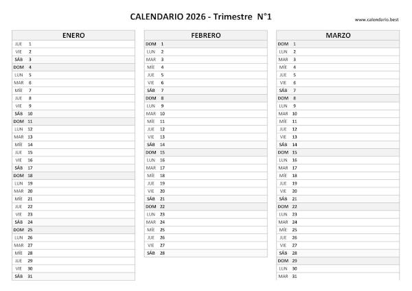 Calendario del primer trimestre de 2026 en blanco, diseño en blanco y negro para imprimir en A4