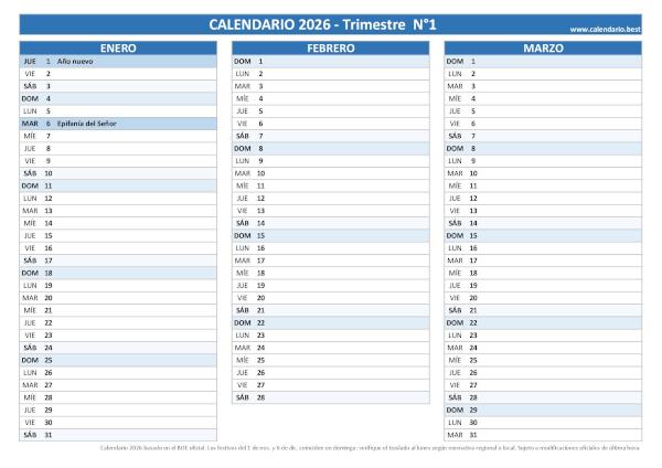 Calendario laboral del primer trimestre de 2026, diseño azul para empresas
