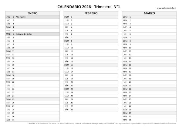Calendario de enero de 2026 en blanco para imprimir