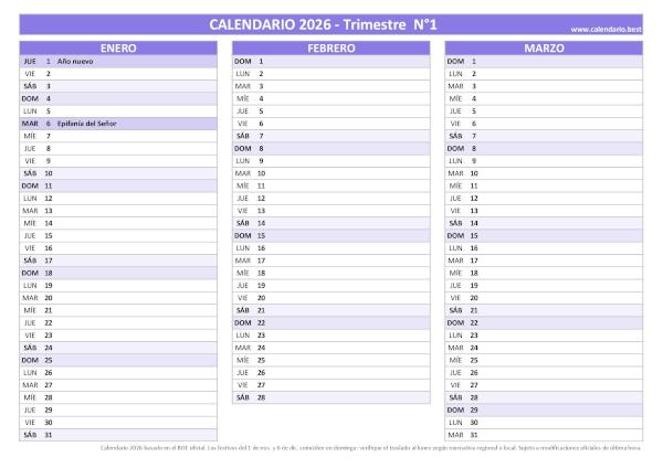 Calendario laboral del primer trimestre de 2026, diseño morado con festivos