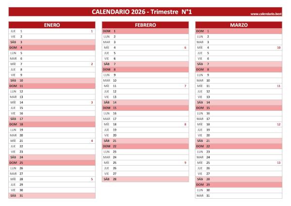 Calendario del primer trimestre de 2026 con semanas, diseño rojo ISO 8601