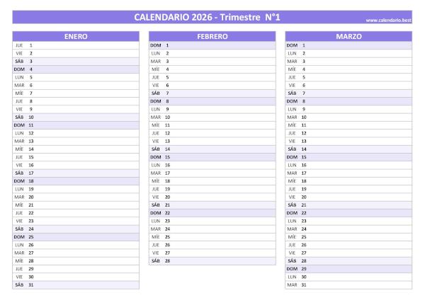 Calendario del primer trimestre de 2026 en blanco, diseño morado para imprimir en A4