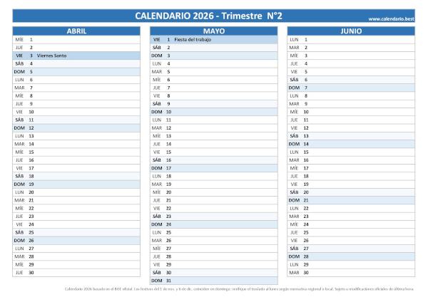 Calendario segundo trimestre 2026 laboral azul con festivos oficiales