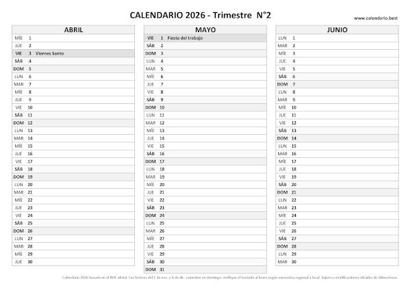 Segundo trimestre 2026 laboral blanco y negro para imprimir