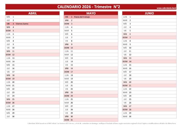 Plantilla trimestral 2026 laboral rojo de abril a junio