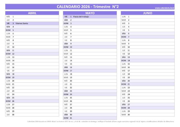 Calendario segundo trimestre laboral 2026 morado en formato PDF
