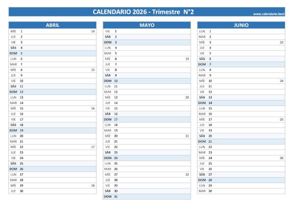 Calendario del segundo trimestre de 2026 con semanas, diseño azul para empresas