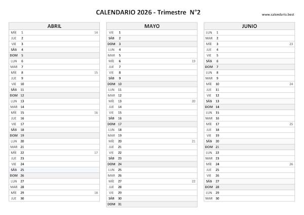 Calendario del segundo trimestre de 2026 con semanas, diseño en blanco y negro para imprimir