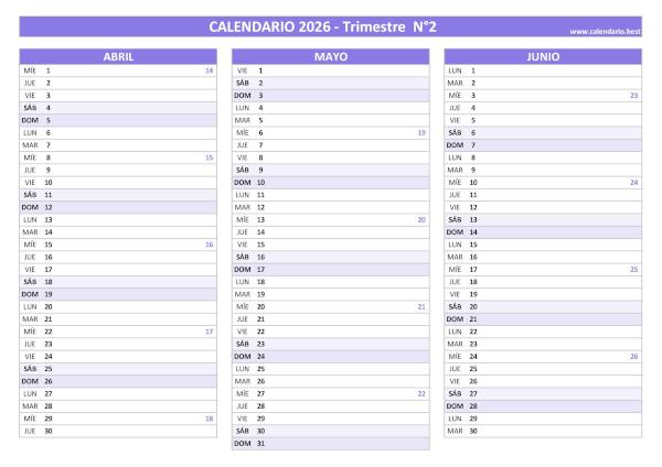 Calendario del segundo trimestre de 2026 con semanas, diseño morado elegante