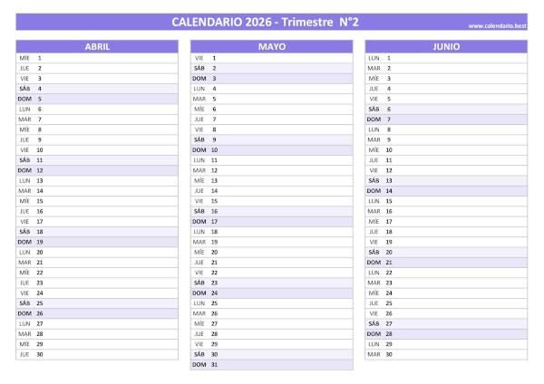 Calendario del segundo trimestre de 2026 en blanco, diseño morado para imprimir en A4