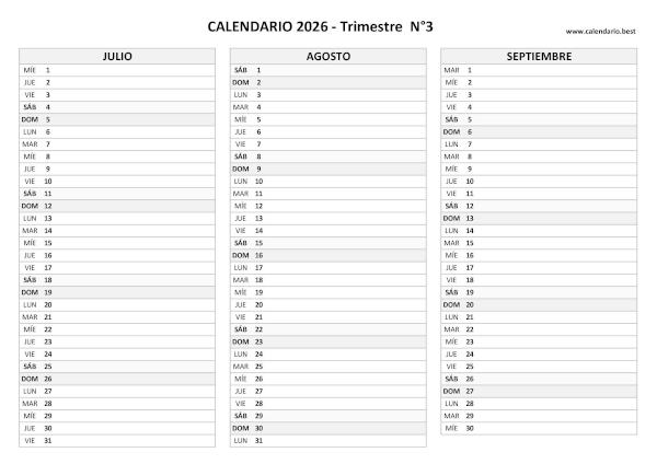 Calendario trimestral 2026 para imprimir