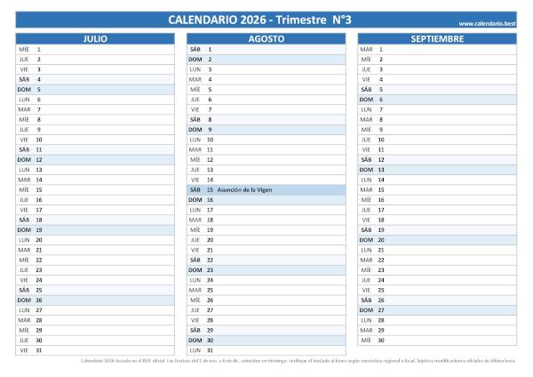 Calendario del tercer trimestre 2026 laboral azul con festivos estivales