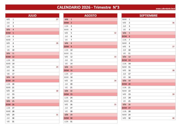 Calendario del tercer trimestre de 2026 con semanas, diseño rojo ISO 8601