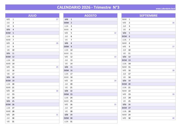 Calendario del tercer trimestre de 2026 con semanas, diseño morado elegante