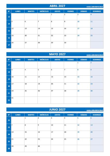 Calendario del segundo trimestre de 2027, de abril a junio, con números de semana para imprimir en A4 vertical, azul