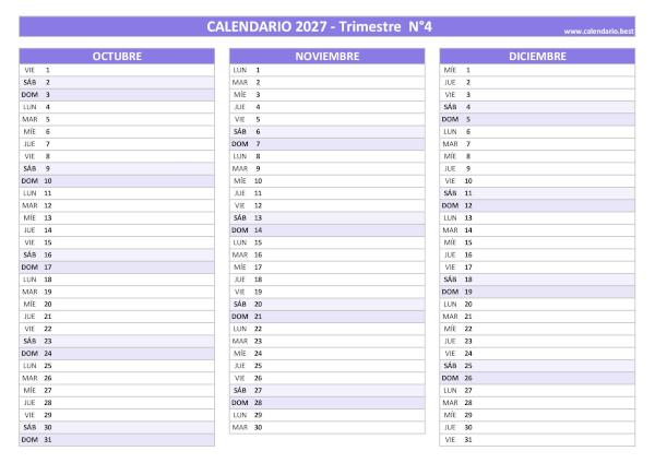 Calendario del cuarto trimestre de 2027, de julio a septiembre, para imprimir en A4 horizontal, morado