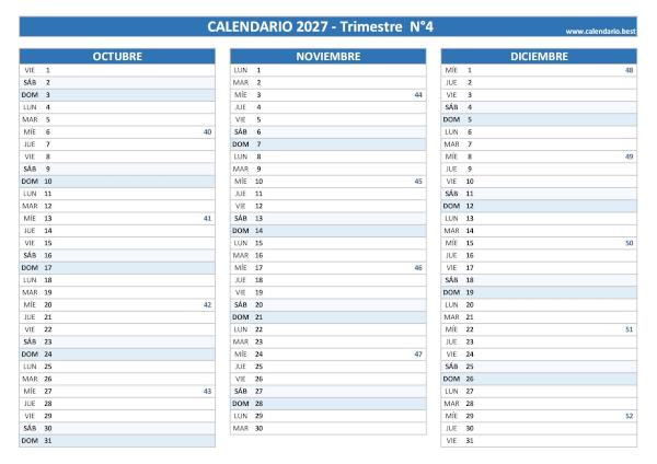 Calendario de octubre, noviembre y diciembre de 2027 con números de semana para imprimir en A4 horizontal, azul