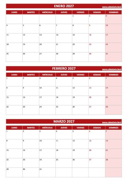 Calendario del primer trimestre de 2027 con enero, febrero y marzo para imprimir