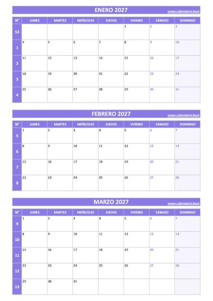 Calendario del primer trimestre de 2027, de enero a marzo, con números de semana para imprimir en A4 vertical, morado