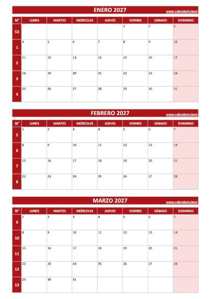 Calendario del primer trimestre de 2027, de enero a marzo, con números de semana para imprimir en A4 vertical, rojo