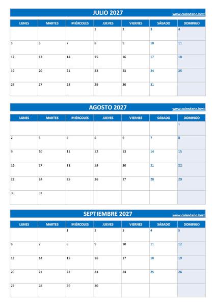Calendario vertical del tercer trimestre de 2027 en azul con julio, agosto y septiembre para imprimir