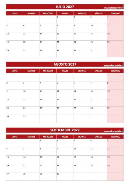 Calendario del tercer trimestre de 2027 con julio, agosto y septiembre para imprimir