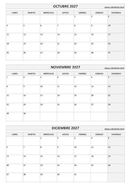 Calendario del cuarto trimestre de 2027 en blanco y negro con octubre, noviembre y diciembre