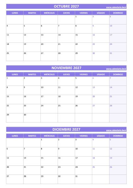 Calendario vertical en blanco del cuarto trimestre de 2027, diseño morado para imprimir