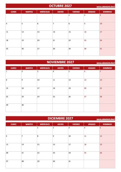 Calendario del cuarto trimestre de 2027 con octubre, noviembre y diciembre para imprimir