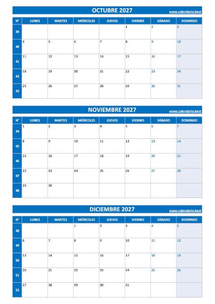 Calendario del cuarto trimestre de 2027, de julio a septiembre, con números de semana para imprimir en A4 vertical, azul