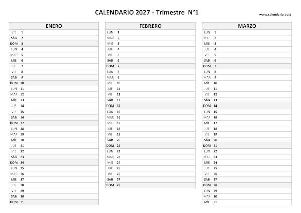Calendario primer trimestre 2027 para imprimir, plantilla T1 (PDF y JPG)