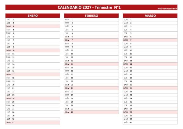 Calendario del primer trimestre de 2027, de enero a marzo, para imprimir en A4 horizontal, rojo