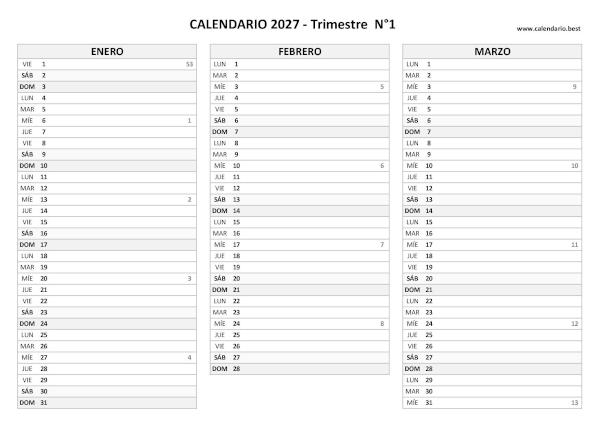 Calendario trimestral 2027 por trimestres