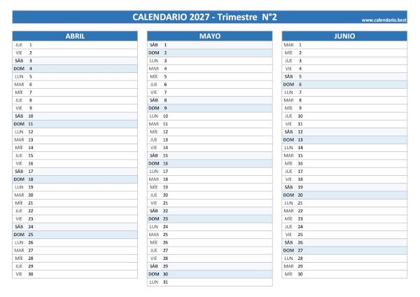 Calendario del segundo trimestre de 2027, de abril a junio, para imprimir en A4 horizontal, azul