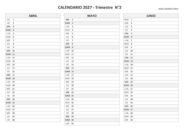 Calendario del segundo trimestre de 2027 en blanco y negro, horizontal, para imprimir