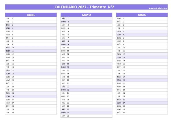 Calendario del segundo trimestre de 2027, de abril a junio, para imprimir en A4 horizontal, morado