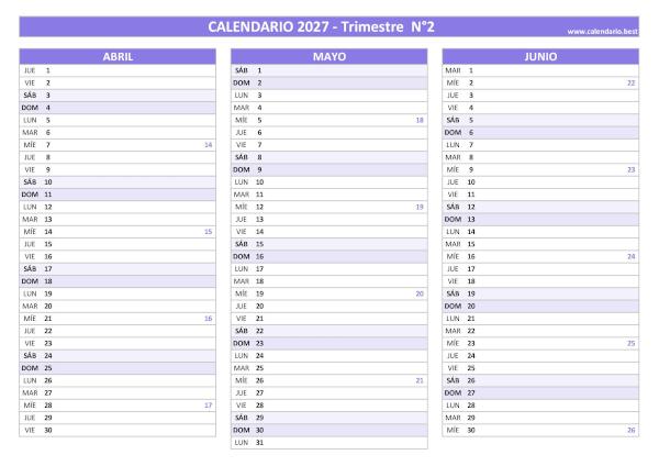 Calendario de abril, mayo y junio de 2027 con números de semana para imprimir en A4 horizontal, morado