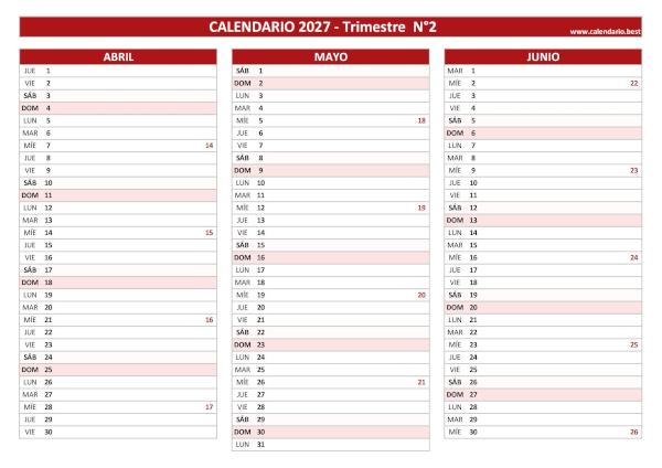 Calendario de abril, mayo y junio de 2027 con números de semana para imprimir en A4 horizontal, rojo